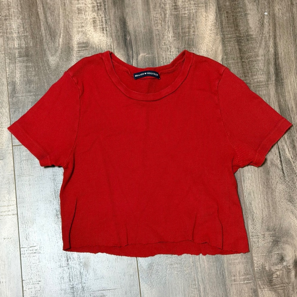 Brandy Melville Red Ribbed‎ Crop Top Short Sleeve Crew Neck Raw Hem Tee One Size